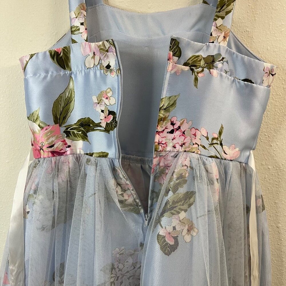 Floral Light Blue Sleeveless Girls Party Dress With Tulle Overlay & Satin Finish - Picture 6 of 14